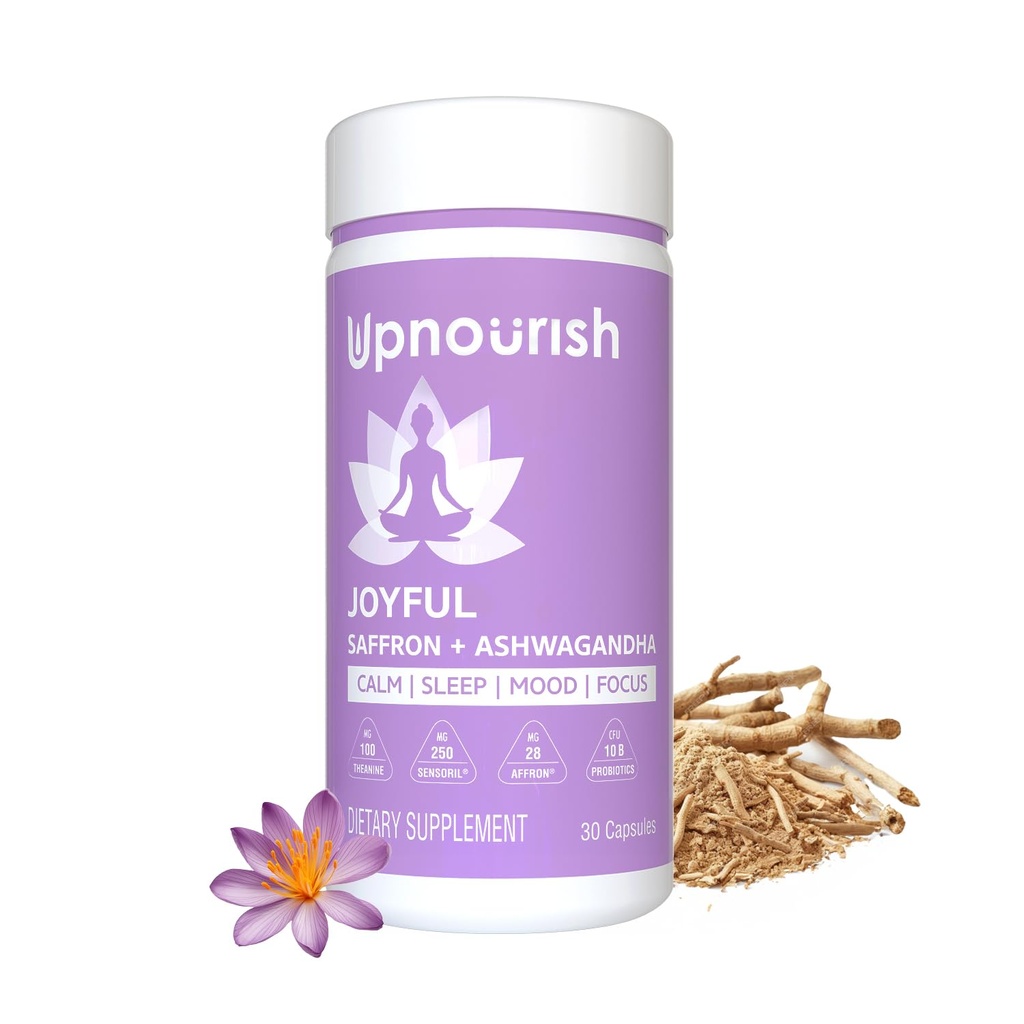 UpNourish Organic Ashwagandha Saffron Suplementos con Probióticos - Stress Relief, Mood Enhancer, Calm Happy Pills Support Fatigue Focus Clarity with L-Theanine, Rhodiola, 30 Vegan Capsules