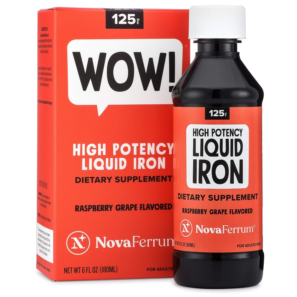 NovaFerrum Wow, 125 High Potency Liquid Iron Suplemento para adultos, Iron Deficiency, 125 mg de Iron Per 5mL Dose, Vegan Verified, Gluten Free Certified, Sugar Free