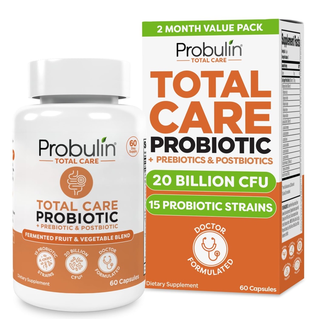 Probulina Total Care Probiotic Supplement, Daily Gut, Digestive, and Immune Health Probiotics Capsules for Men and Women, 20 Billion CFU, Vegan, 60 Conde Bottle