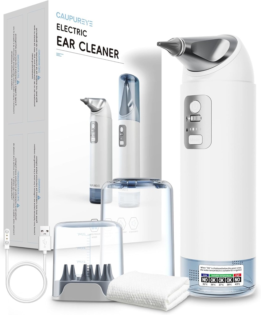 Kit de eliminación de cera de oído, limpiador de oído eléctrico de 360°, kit de limpieza de oídos con 4 modos de presión de agua, kit de eliminación de cera para sistema de riego seguro w/8 Consejos de riego, bajo ruido, IP65 impermeable