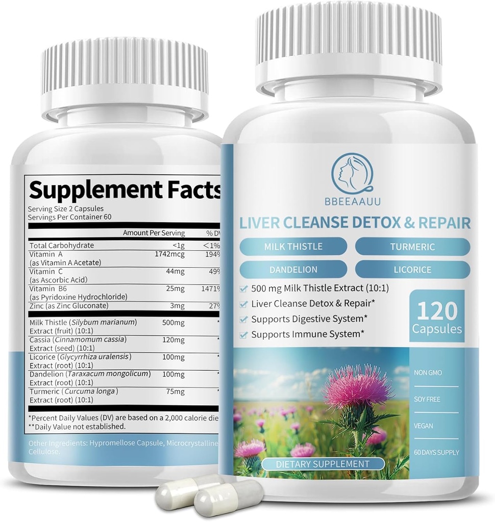 Leche Thistle Suplemento cápsulas, Liver Health Formula, con Dandelion Root, 10:1 Extracto, para Liver Detox Cleanse Support, Digestive & Immune System, 120 Veggie Caps
