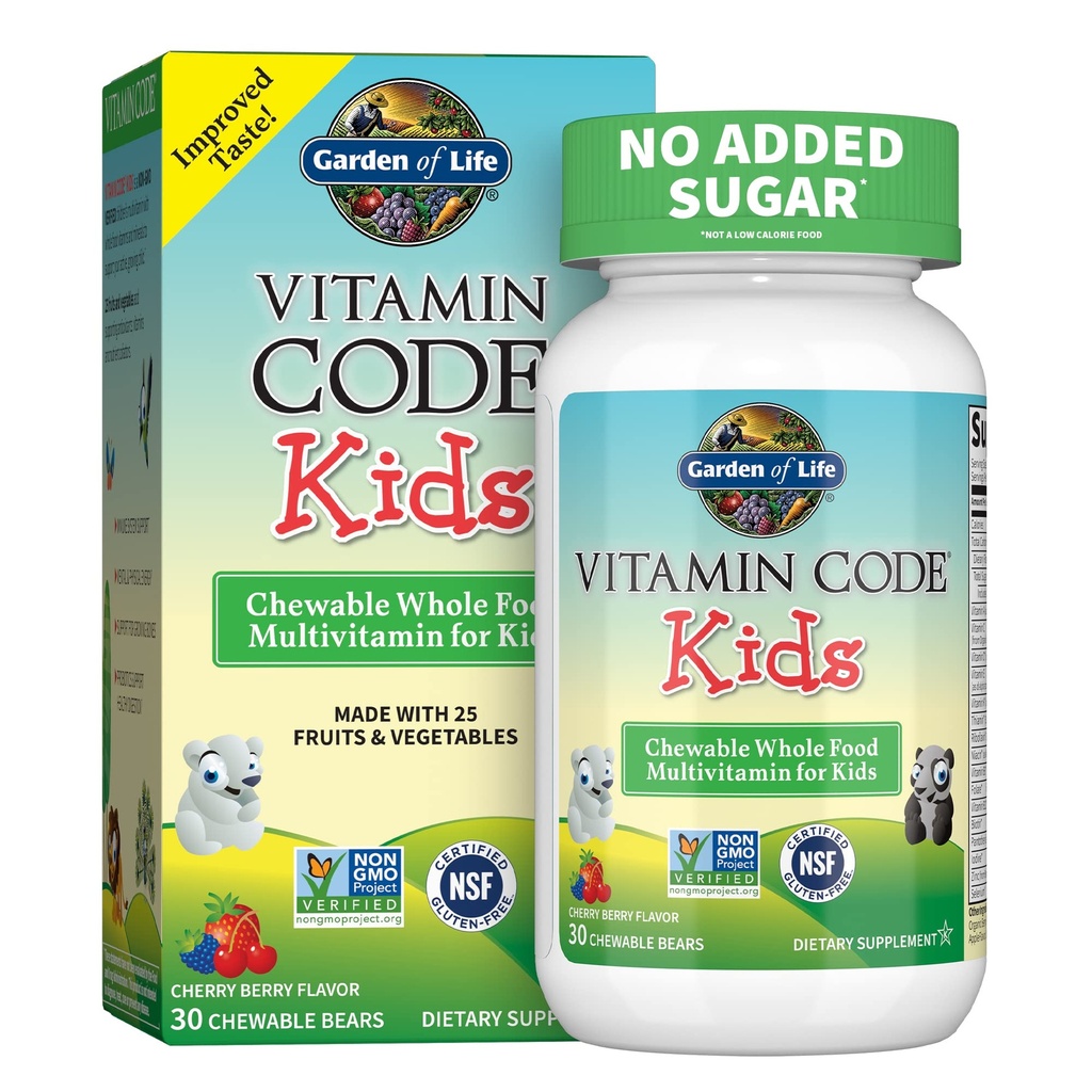 Jardín de la vida Suplemento multivitamínico vegetariano para niños - Código de vitaminas Chewable Raw entera vitamina alimentaria con probióticos, 30 osos chewable