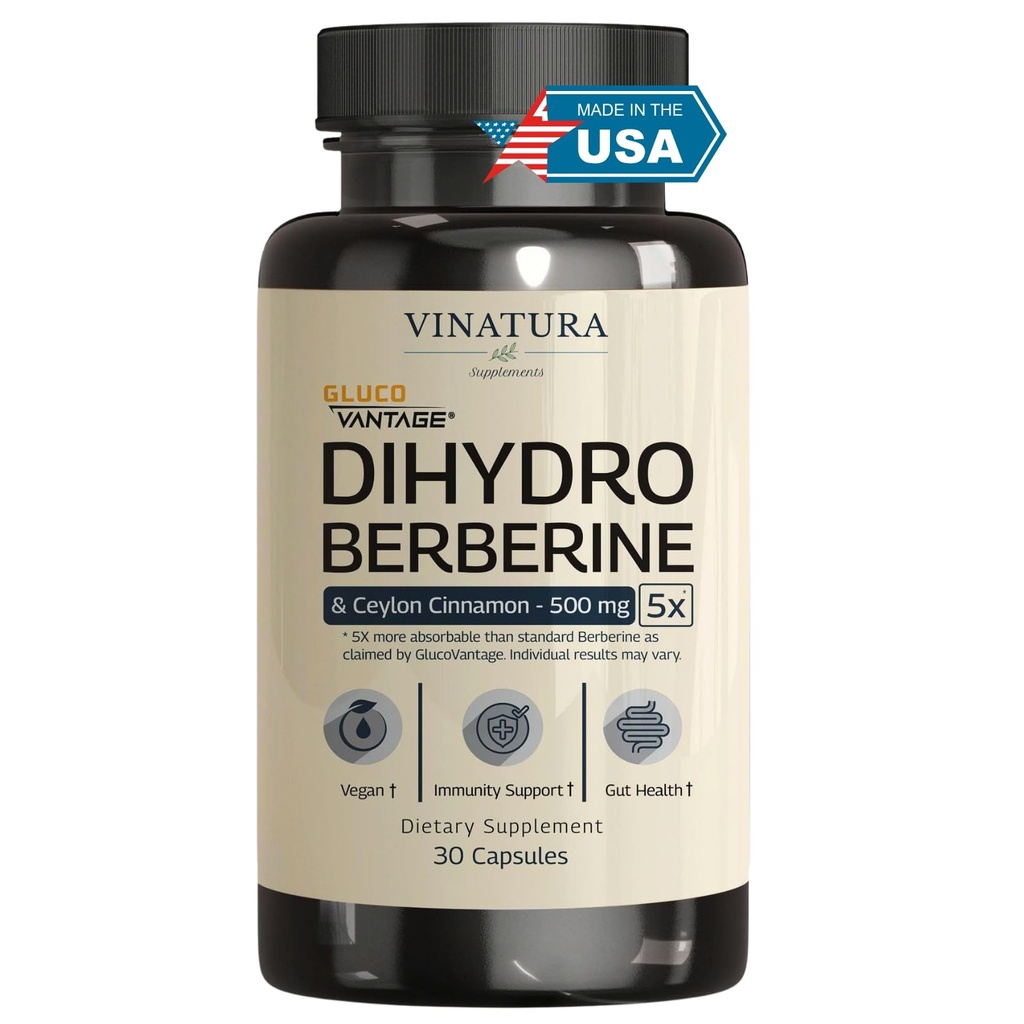 VINATURA Dihidroberine Suplemento con canela de Ceylán, 500 mg - (Patented GlucoVantage Super Berberine), Tal vez Berberine 5X Más absorbible - 30 cápsulas