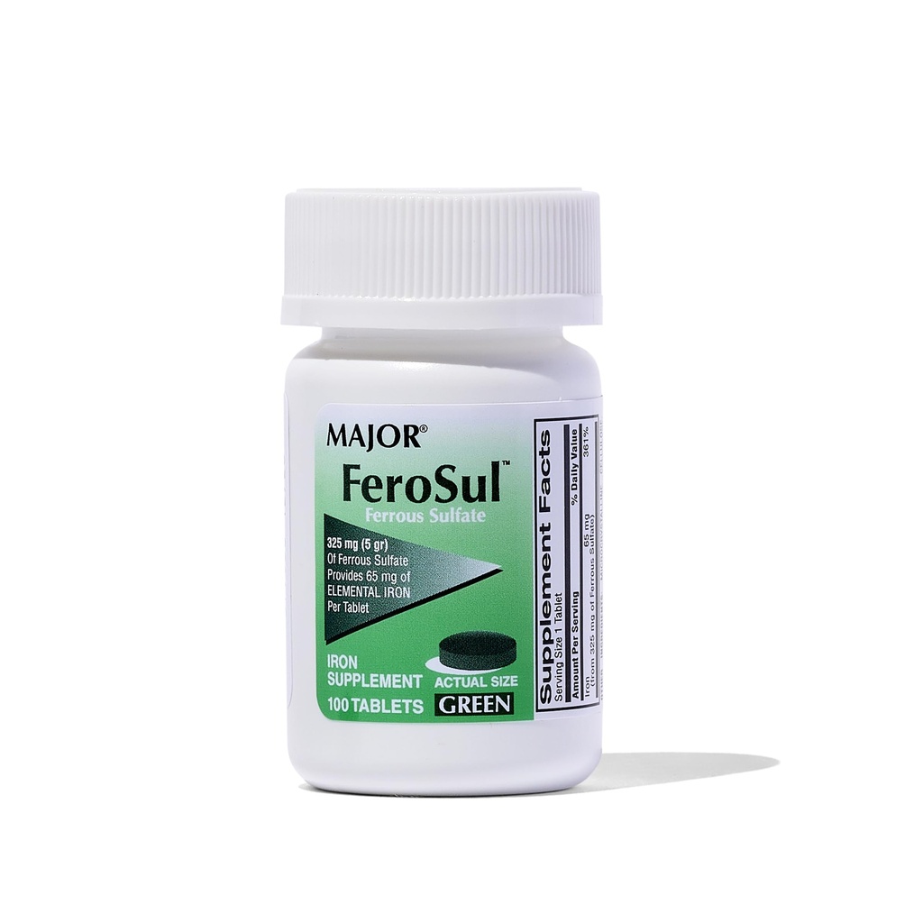 Mayor Ferosul - Sulfato ferroso 325mg Tablas con 65 mg de hierro elemental - Suplemento de hierro para mujeres, hombres - verde - 100 condes