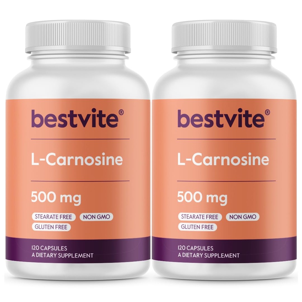 BESTVITE L-Carnosine 500mg (240 cápsulas) (120x2) No hay rellenos - No estelares - No GMO - Gluten Gratis