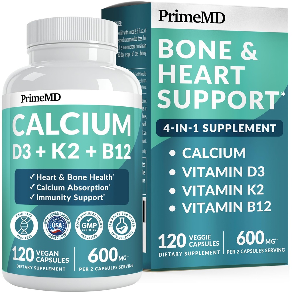 Suplementos de calcio 4-en-1 para mujeres y hombres - Calcio con vitamina D3 K2 5000 UI Suplemento, 601 mg por ser - libre de gluten, vegano-final (120 ct)
