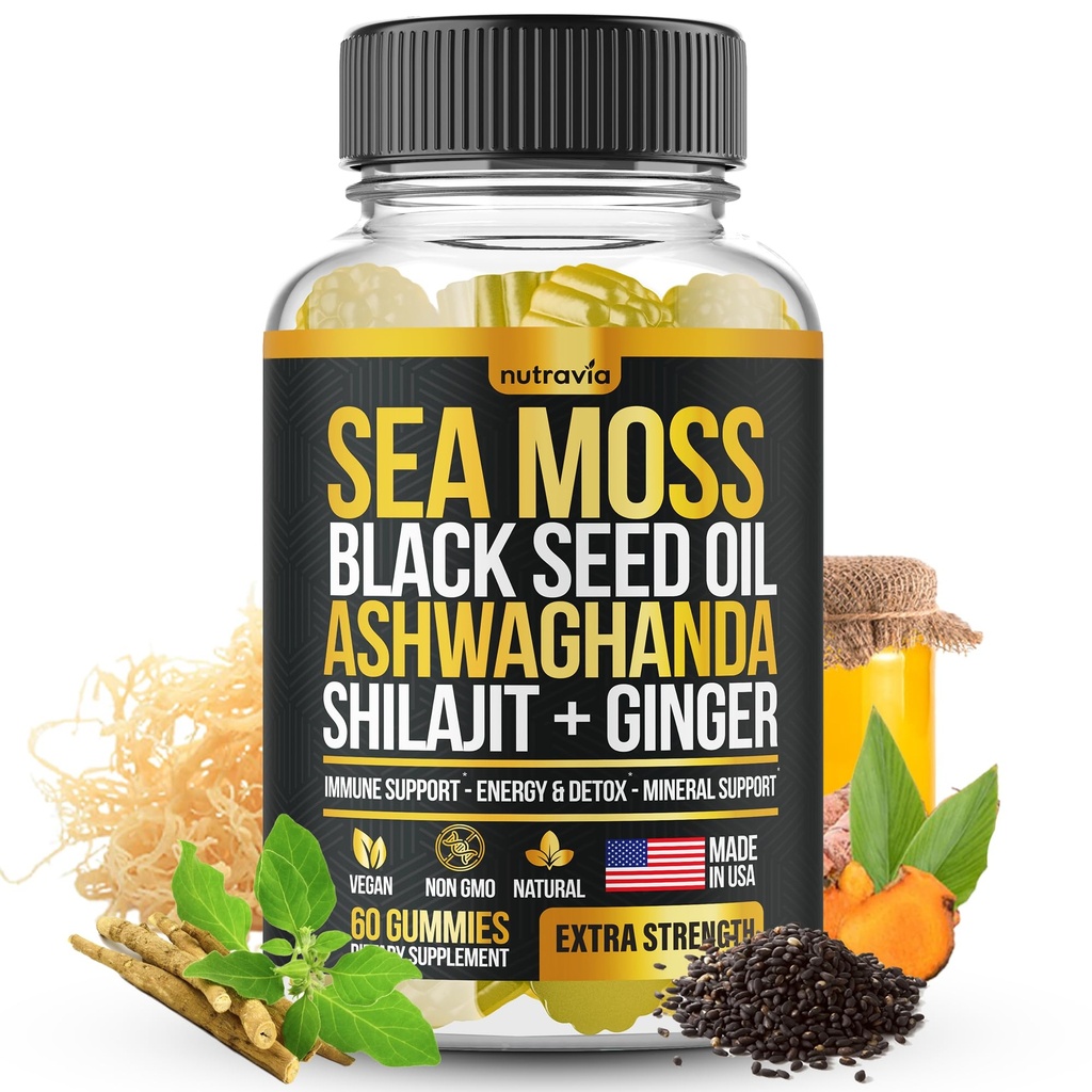 Sea Moss, Black Seed Oil, Ashwagandha, Ginger, Shilajit Gummies with Elderberry, Chlorophyll, Turmeric Bladderwrack Sea Moss Advanced Strength Formula - All in 1 Bundle - USA Made (60 Gummies)
