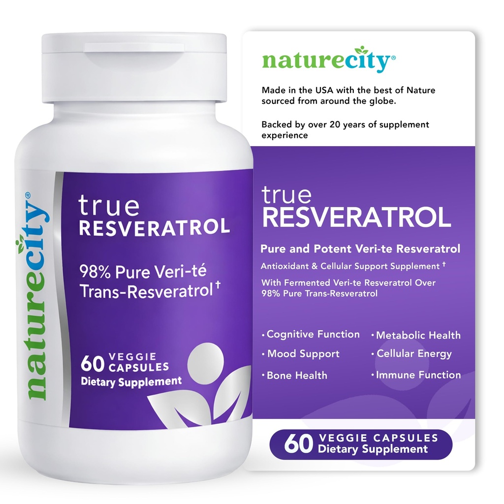 NatureCity TrueResveratrol – Resveratrol Supplement " Anti-Aging Support with 75mg Trans-Resveratrol (98% Pure Veri-te) for Heart, Immune, Bone " Cognitive Health tención 60 Veggie Capsules