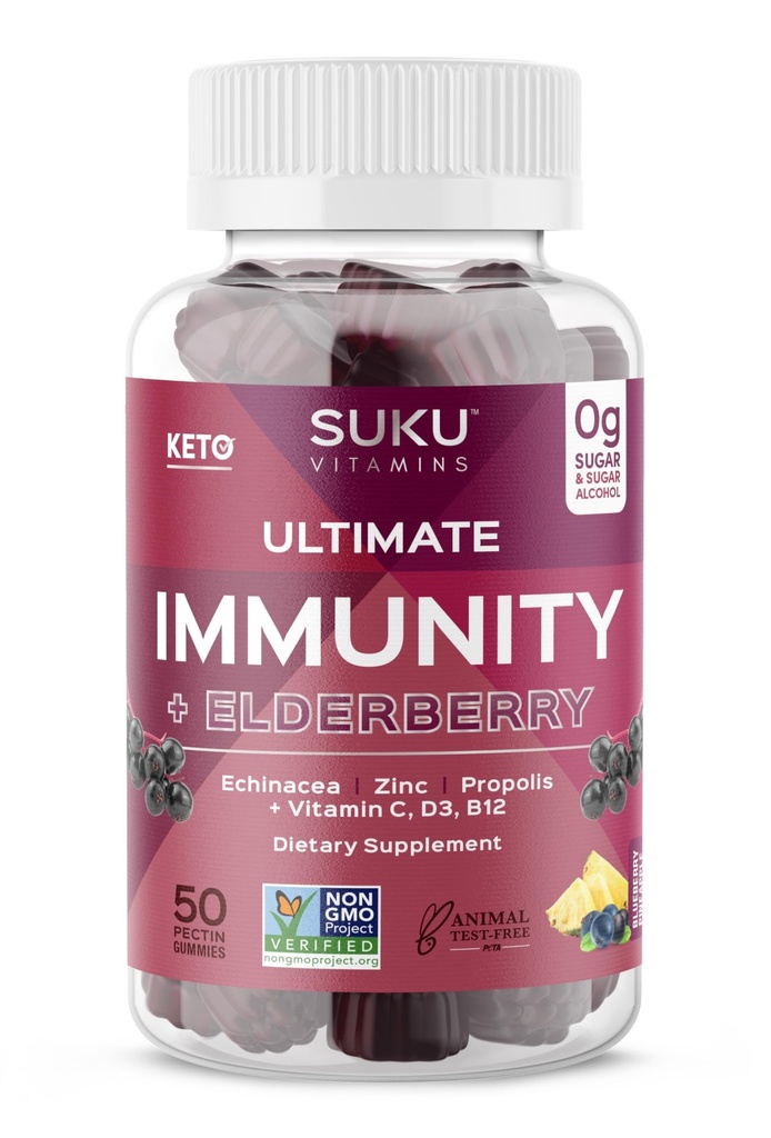 SUKU Vitaminas - Inmunity Ultimate - Elderberry Echinacea y Propolis Gummies para Immune Support, Easy to Chew - Non GMO, Gluten Sugar Gratis - Pomegranate Lime Flavored Gummy Vitamins, 50 Conde