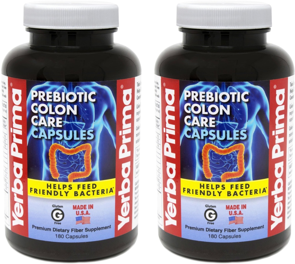 Yerba Prima Prebiotic Colon Care Capsules Dietary Fiber, 180 Cuenta, (Pack of 2) - Cinco formas de Fiber Plus FOS Prebióticos Suplemento - Soluble " Insoluble para la regularidad " Apoyo digestivo