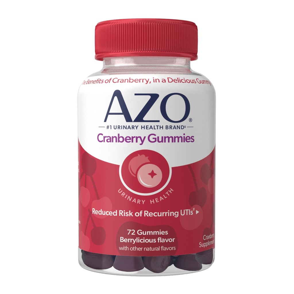 AZO Cranberry Urinary Tract Health Gummies Suplemento dietético, 2 Gummies = 1 vaso de jugo de arándano, ayuda a limpiar y proteger, sabor berrílico natural, no GMO, 72 Gummies
