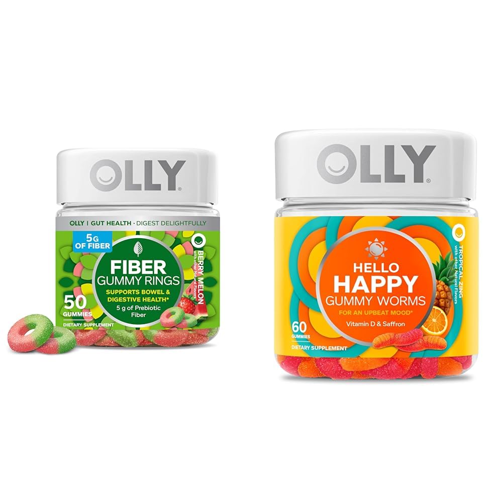 OLLY Fiber Gummy Rings, 5g Prebiotic Fiber, FOS (Fructo-oligosaccharides), Digestive Support &amp; Hello Happy Gummy Worms, Mood Balance Support, Vitamina D, Saffron, Adult Chewable Supplement