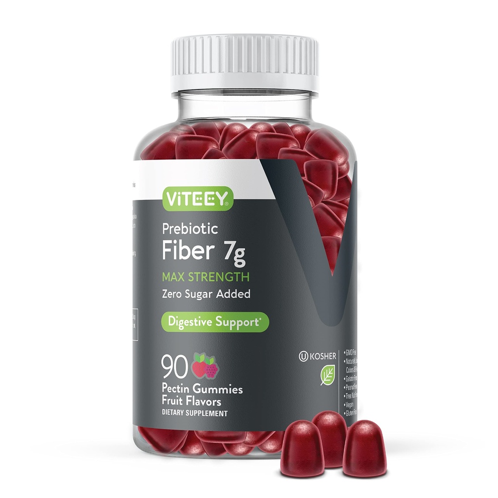 Viteey Prebiotic Fiber Gummies for Adults, 7g - Gut Health & Digestive Soluble Fiber Supplement Gummies - Zero Sugar Añadido, Vegan, Gluten-Free - 90 Count
