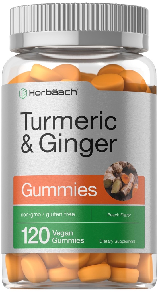 Horbäach Turmeric y Gummies de jengibre Silencio 120 Conde Silencio Peach Flavor Silencio Vegan No Gluten Suplemento Gratis