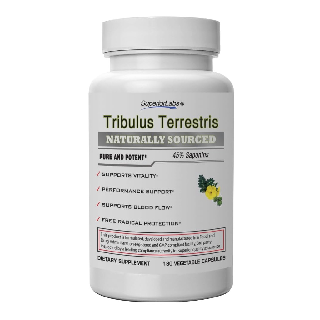 Superior Labs - Tribulus Terrestris - Performance Support & Cortisol Blocker with 45% Saponins, High Potency & Pure 1500mg Dosage, 180 Vegetable Caps - Supports Vitality - with Added BioPerine®