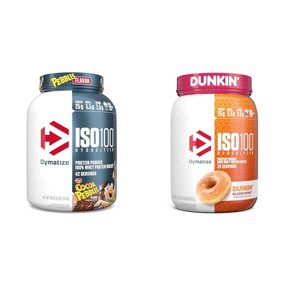 Dymatize ISO100 Hidrolyzed Protein Powder, 100% Whey Isolate, 25g de Protein, 5.5g BCAAs " ISO100 Hydrolyzed Protein Powder, 100% Whey Isolate, Dunkin' Glazed Donut Flavor