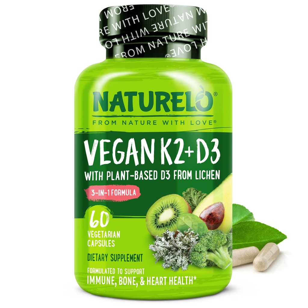 NATURELO Vitamina D3 K2 - Vegan con base vegetal D3 de Lichen - Suplemento natural para el sistema inmunológico, soporte de huesos, salud cardíaca - alimentación completa - no GMO - Gluten Gratis, 60 cápsulas