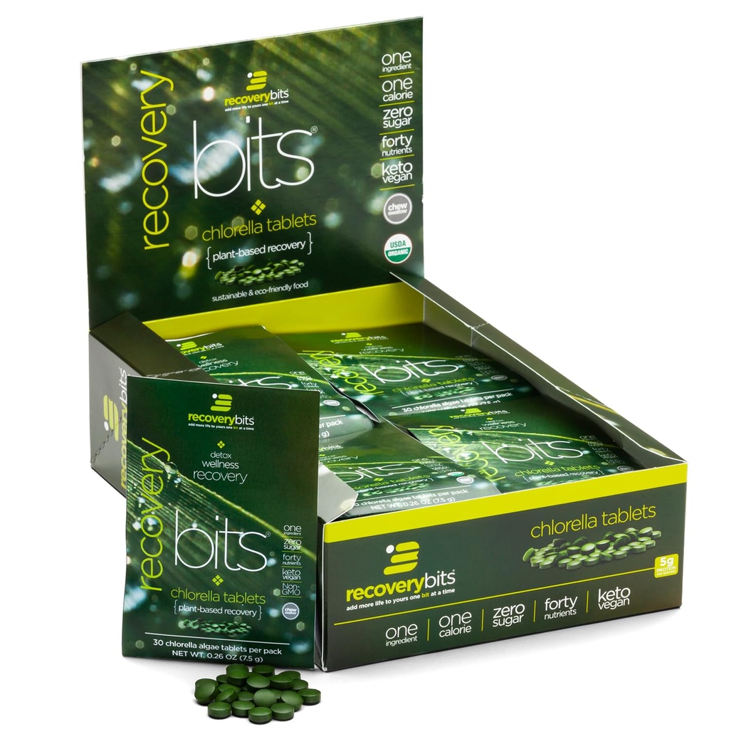 RECOVERYbits - Tablas de Clorella Orgánica - Superalimentos de Algas Basadas en Planta - Clorofila - Muro Celular Agrietado - Energía - Sistema Inmunitario - Detox - Keto - Vegan - Caja de 30 Pouches - 900 Cuadros