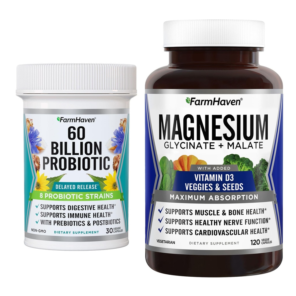 FarmHaven Magnesium Glycinate &amp; Malate Complex y 60 Billion CFU Probiotic