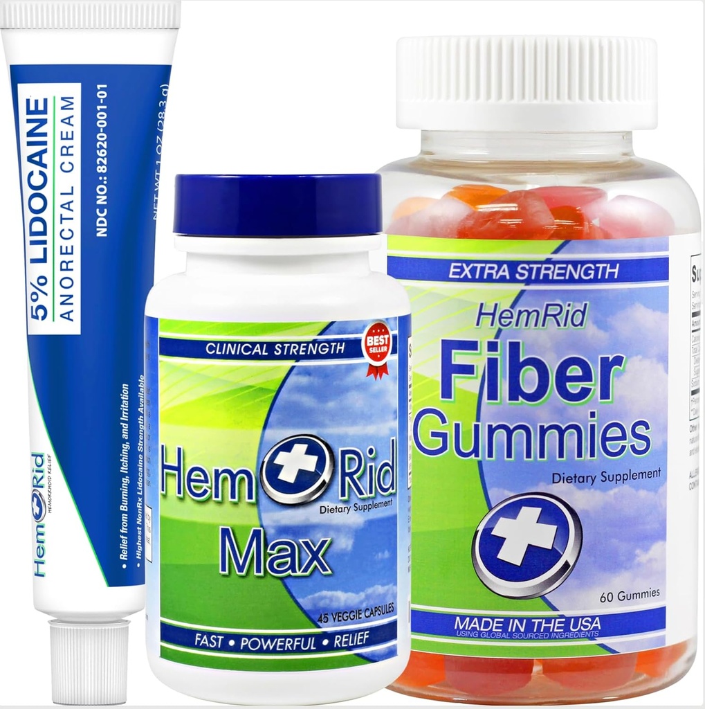 HemRid Sistema completo de soporte de hemorroides – Max Formula, Lidocaine Cream &amp; Fiber Gummies para Alivio Inmediato &amp; Confort a largo plazo