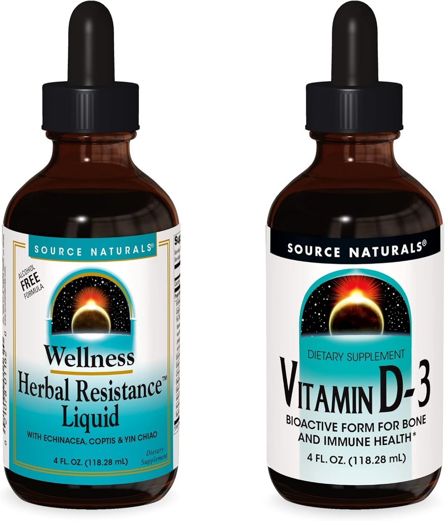 Fuente Naturales Suplementos líquidos, Resistencia herbaria y 2000 iu Vitamina D-3-4 oz Botellas