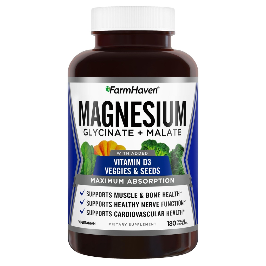 FarmHaven Magnesium Glycinate &amp; Malate Complex w/Vitamin D3, 100% Chelated for Max Absorption, Vegetarian – Bone Health, Nerves, Muscles, 180 Capsules, 90 Days