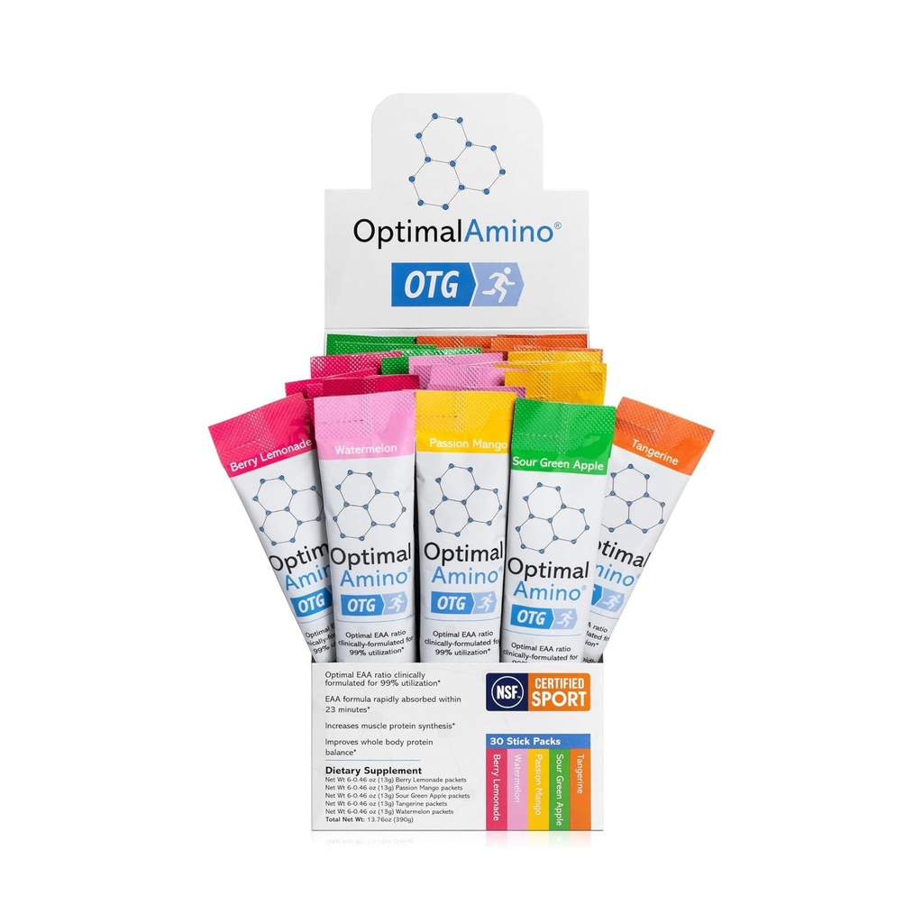 OptimalAmino OTG Stick Packs, 5 Flavor Variety Box (30 Conde), 99% Utilizado Aminoácidos esenciales (EAA) Suplemento, Aumentar la recuperación muscular, Vegan/Keto Pre/Post Workout, NSF certificado para el deporte