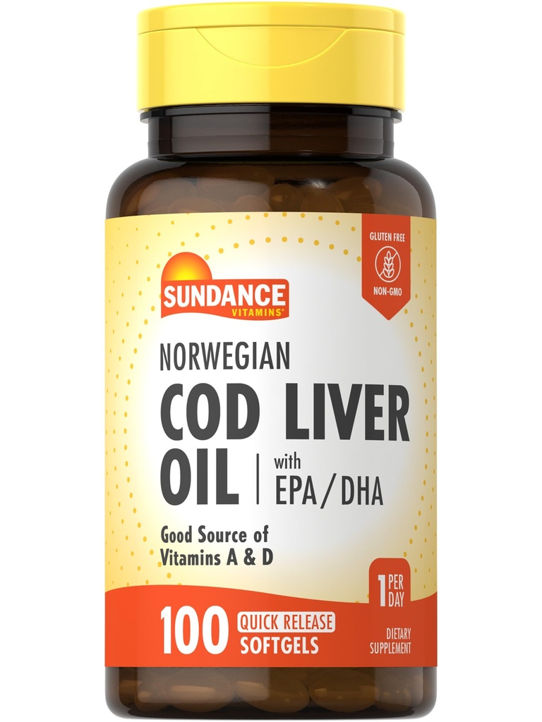 Sundance Norwegian Cod Liver Oil Softgels ← con EPA y DHA TENIDO Buena Fuente de Vitaminas A &amp; D TENIDO NO GMO Y Gluten Suplemento Libre