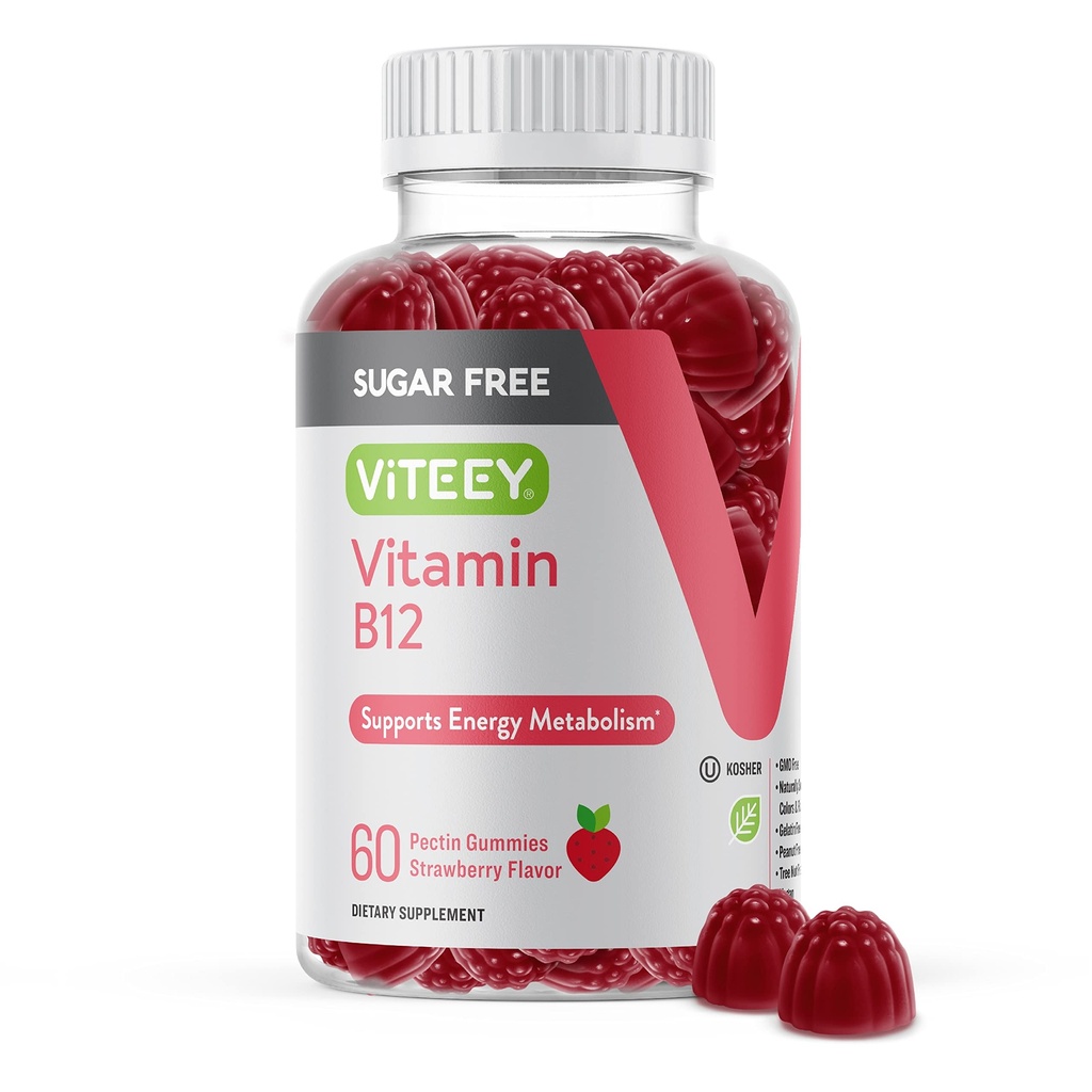 Viteey Vitamina B12 Gummies for Adults &amp; Teens 1000mcg, Sugar Free - Good for Energy, Metabolism, Natural Energy Support - Vegan, Gelatin Free, Gluten Free, GMO Free - Chewable Strawberry Flavored