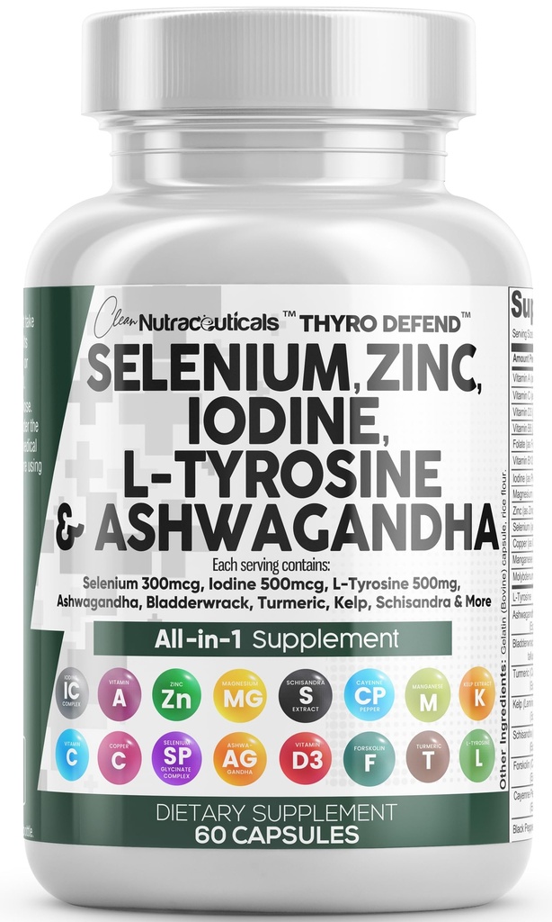 Clean Nutra Selenium 300mcg Iodine 500mcg Tiroid Support for Women &amp; Hombres Silencio L Tyrosine 500mg Ashwagandha Suplemento Bladderwrack, Turmeric, Kelp, Schisandra Zinc Pills Capsule Suplementos