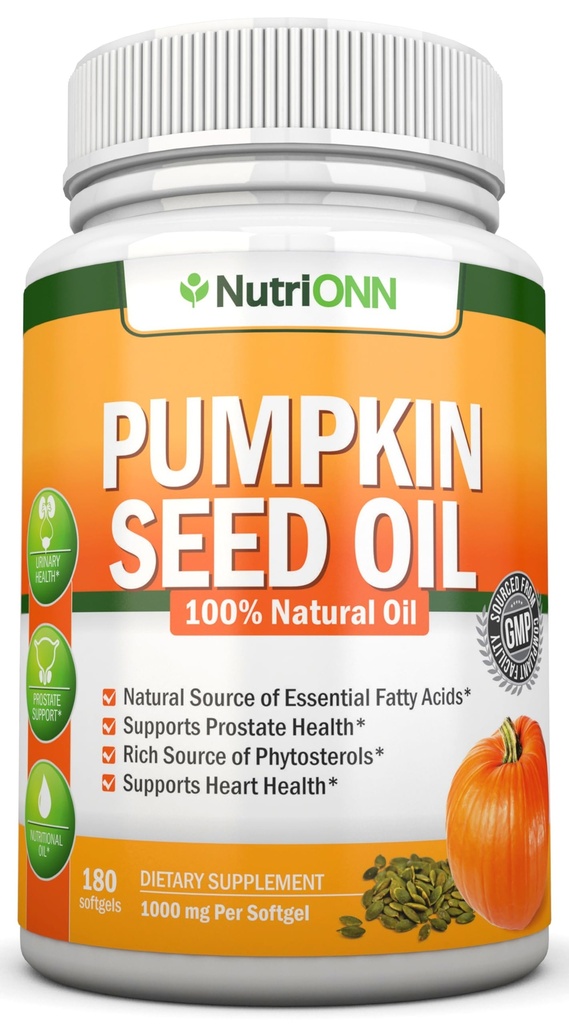 Pumpkin Seed Oil - 1000MG - 180 Softgels - Cold-Presed Natural Pumpkin Seed Oil - Fuente natural de ácidos grasos esenciales - Gran para el crecimiento del cabello, la salud de próstata y la tract