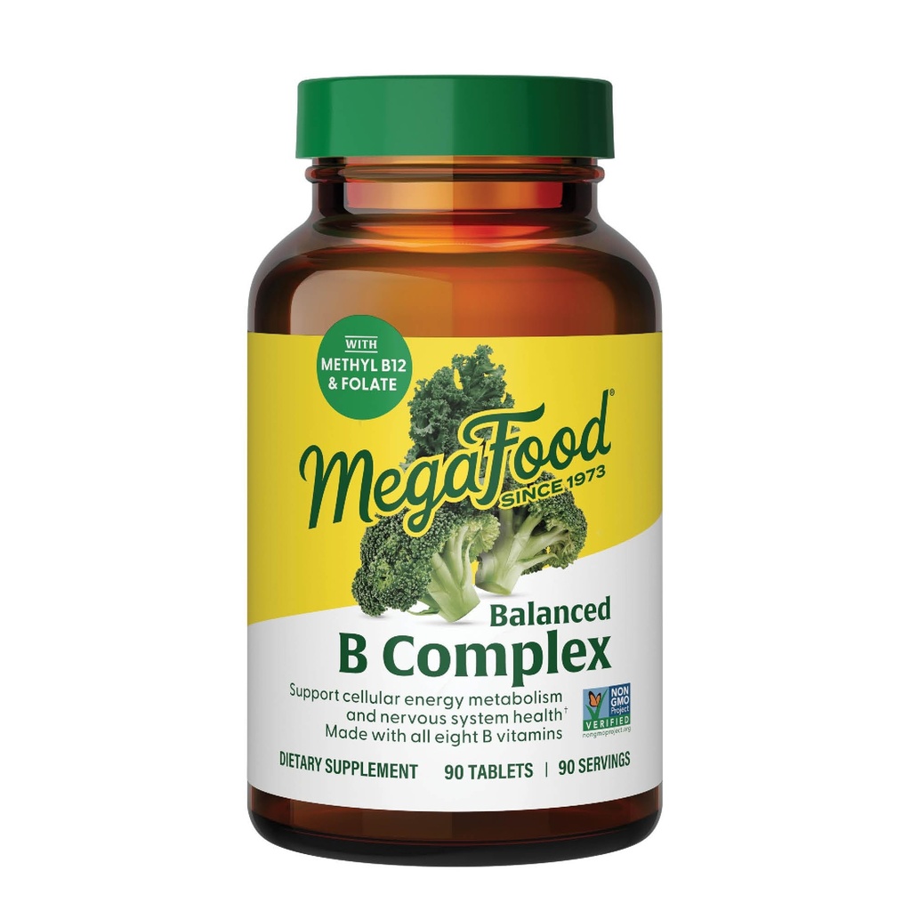 MegaFood Complejo B Equilibrado - B Complejo Suplemento de Vitamina, 8 B Vitaminas Incluyendo Vitamina B6, Vitamina B12, Folate, Biotina &amp; Más, apoya la producción de energía celular, Vegan, Gluten Gratis - 90 Tablets