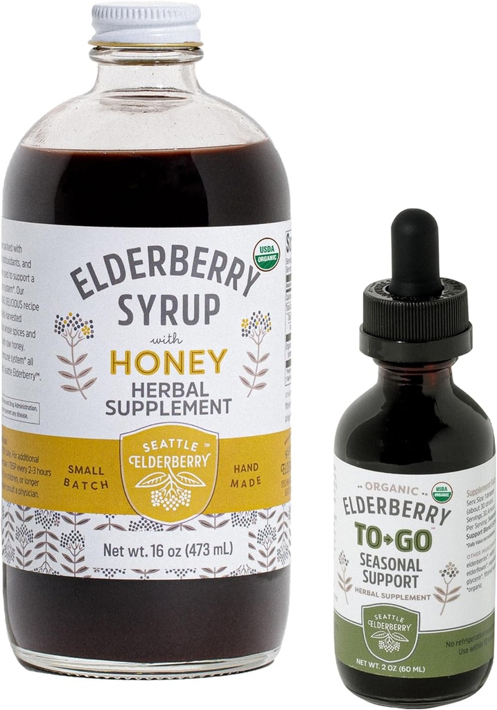 Herbal Suplemento Starter Set – Una botella de jarabe de arándano de 16 oz con miel &amp; una botella de arándano de apoyo estacional hecho de sólo ingredientes orgánicos en los EE.UU.