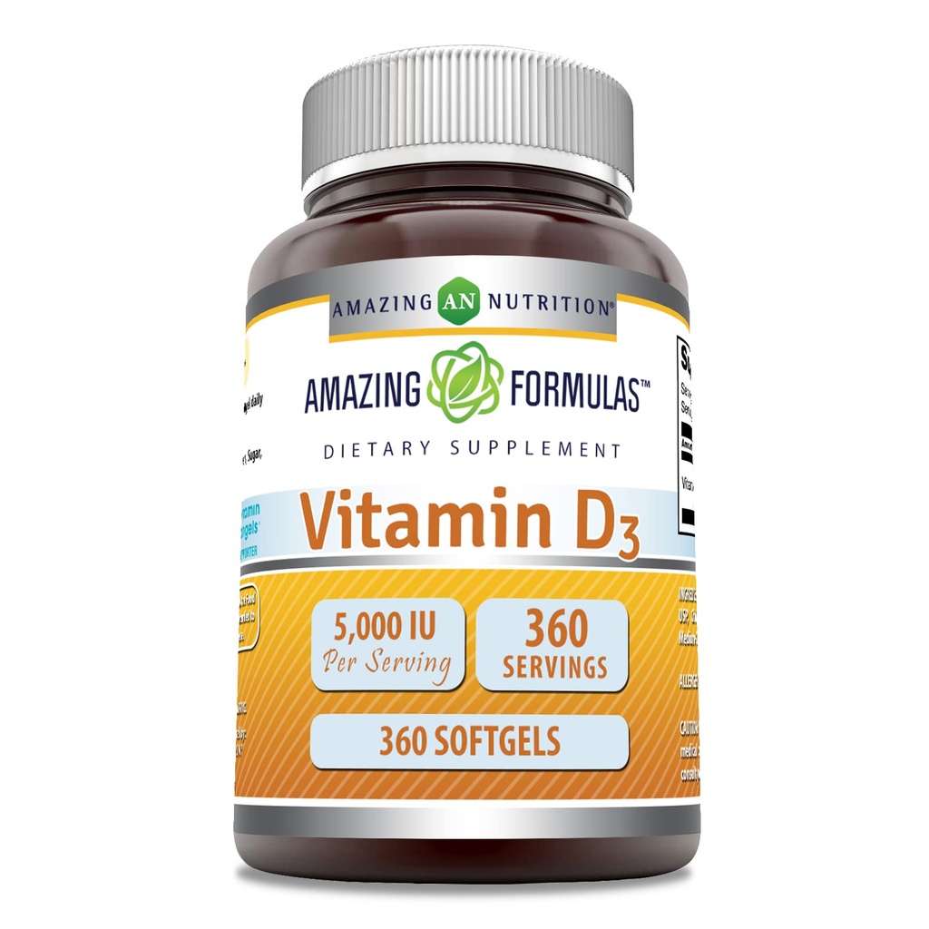 Fórmulas asombrosas Vitamina D3 (Cholecalciferol) Suplemento TEN 5000 UI por Servir Silencio 360 Softgels ← Non-GMO TEN Gluten-Free TEN Made in USA