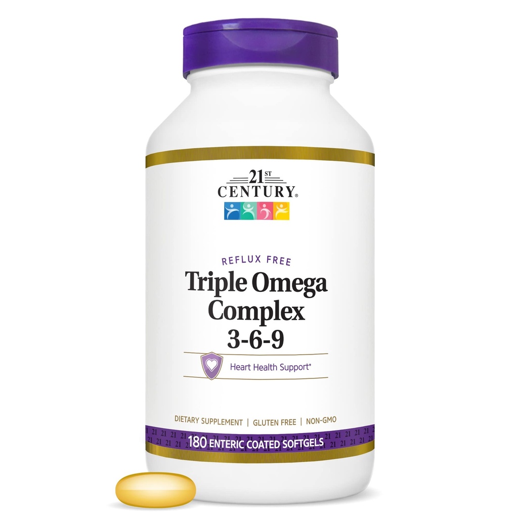 Complejo de Omega Triple del siglo 21 3 6 9 Softgels Enteric Coated, 180 Botella de Conteo (22875)