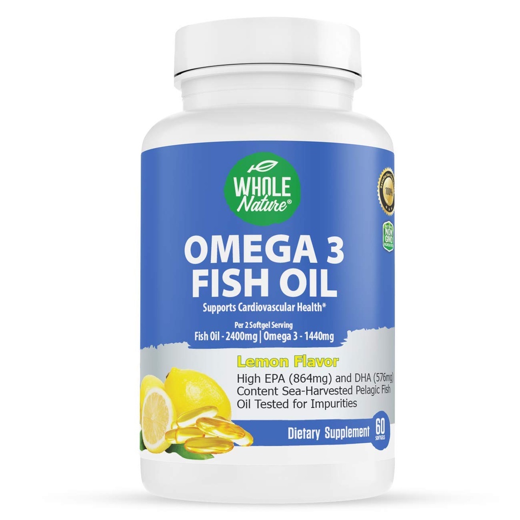 Omega 3 suplementos de aceite de pescado, máxima fuerza 2400 mg Omega-3, 1440 mg de aceite de pescado, EPA DHA ácidos grasos, salud cardíaca, visión, ojo, cerebro, apoyo inmunológico para hombres y mujeres. sabor natural de limón, 60 ct (1)