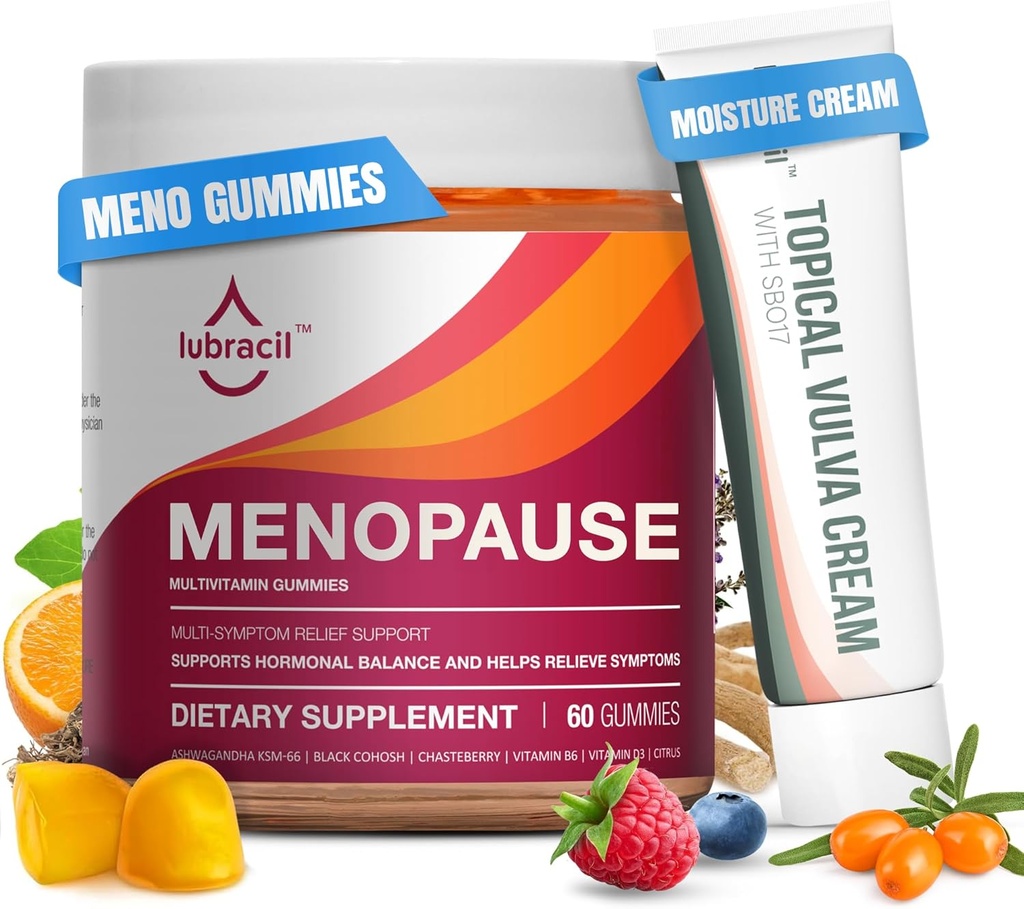 Lubracil Menopause Gummies & Topical Vulva Cream Bundle – Soporte sin hormonas para Flashes calientes, Vaginal Dryness, Itching, Mood Swings & Night Sweats with Black Cohosh, Ashwagandha, Omega-7 " Vitamin E