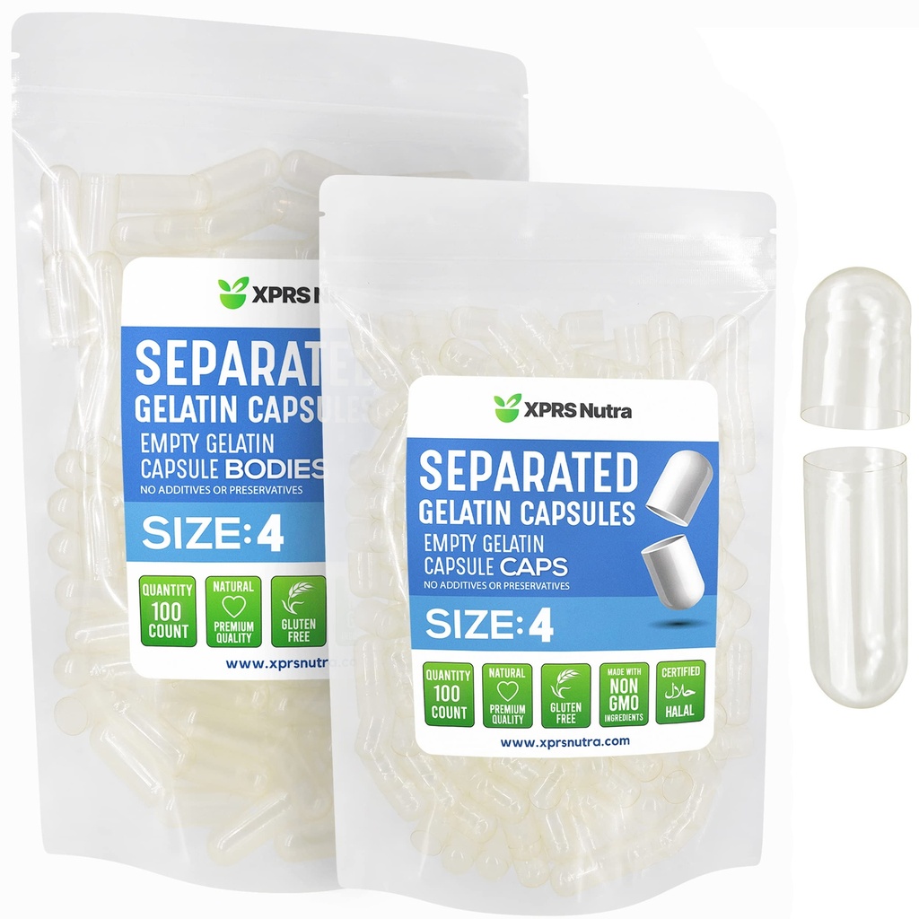 XPRS Nutra Gelatin Tamaño 4 cápsulas separadas - 100 cuenta claras pequeñas cápsulas vacías separadas en bolsas - DIY tapas llenas - Tamaño 4 Gel Do-It-youself Vitamina y suplemento relleno