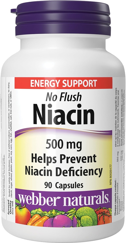 Webber Naturales No Flush Niacin Vitamina B3 Cápsula, 500mg 90 Cuenta