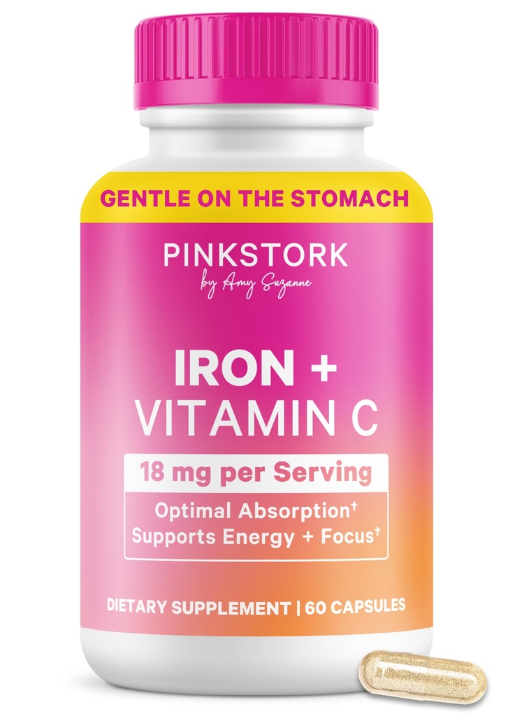 Pink Stork Prenatal Iron Supplement for Women - 18 mg Non-Constipating Iron & Vitamin C for Pregnancy, Postpartum, " Breastfeeding - Focus, Fatigue, " Blood Cell Production - 2 Month Supply
