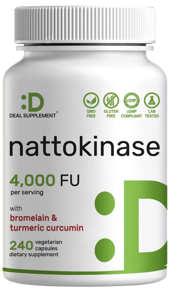 Nattokinase Suplemento 4,000 FU Por Serving, 240 cápsulas vegetarianas – Natto japonés con Bromelain, Curcumina Turmérica &amp; Pepper Negro Complejo – Enzymes Digestivos & Heart Health – Non-GMO, Vegan