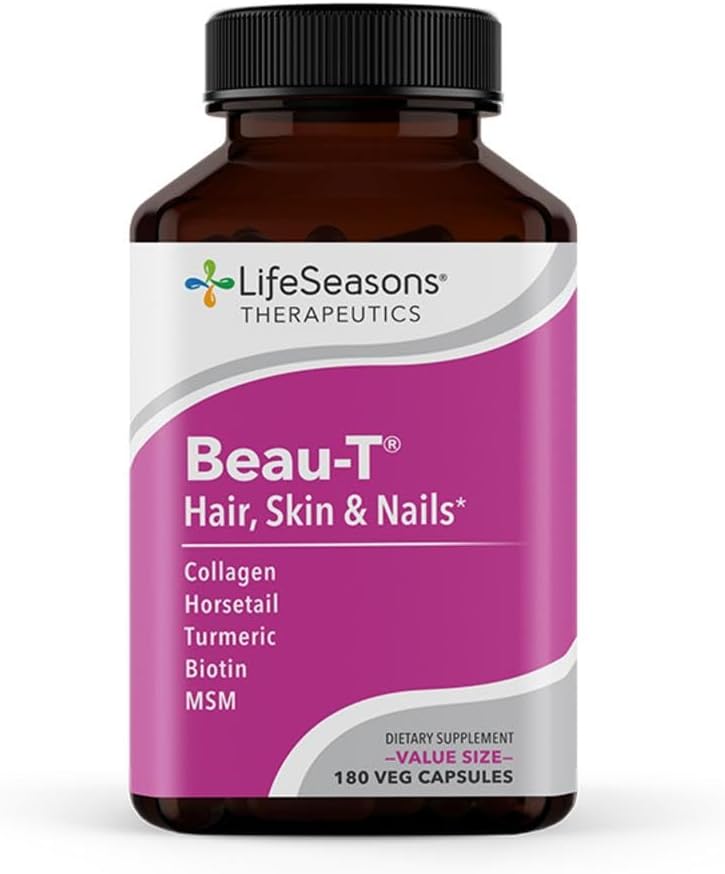 LifeSeasons Beau-T - Hair, Nail, & Skin Supplement - Promotes Healthy Hair and Nail Growth - Supports Clear Skin & Fights Acne - Nail Strengtheninger - Contiene Biotin Collagen Turmeric - 180 Capsules