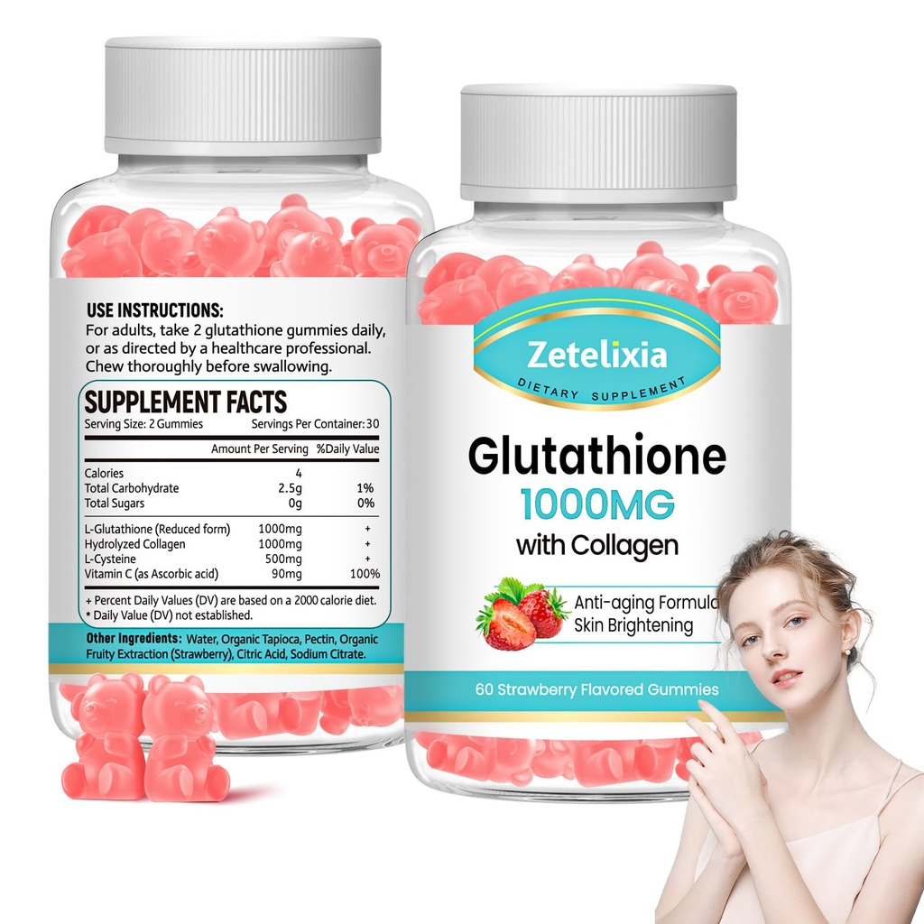 2 Pack Glutathione Collagen Gummies, Collagen Gummies with Vitamin C, Suplemento de Glutathione para Mujeres, Peluquerías Nails Muscle & Conjunto, Anti-Aging, Vegan, Sugar Free, Strawberry Flavor, 120 Condes