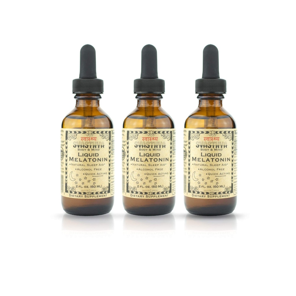 Svasthya Body & Mind Liquid Melatonin - Promociona el sueño natural - Alcohol gratis para adultos y niños, hecho en los EE.UU., GMP, 2 oz - 3 Pack
