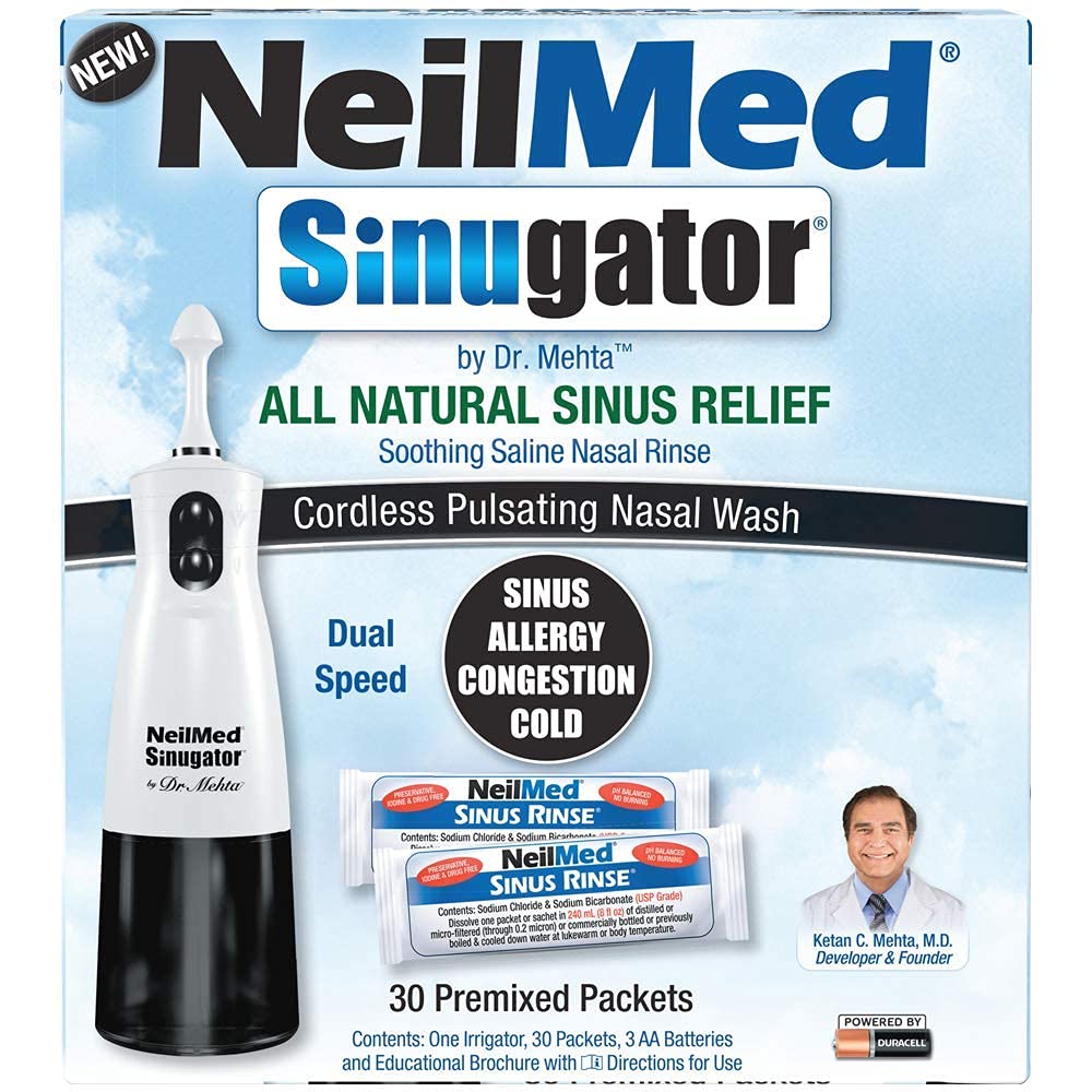 NeilMed Sinugator Empaquetador sin cable Riego Nasal con 30 Packets Premixed y 3 Baterías AA - Negro (Pack of 1)