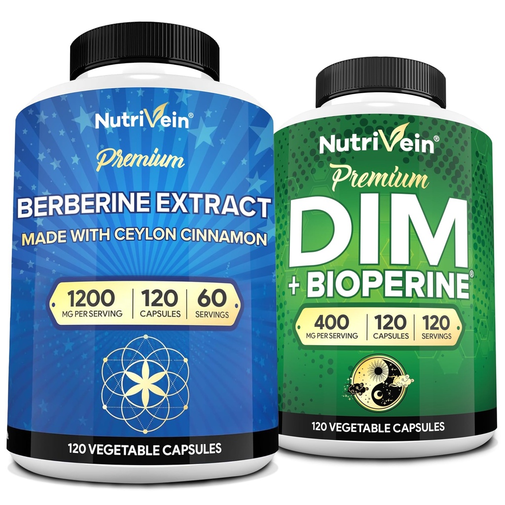 Nutrivein Premium DIM &amp; Berberine Supplement Bundle: High-Absorption Berberine &amp; DIM Supplement with Bioperine - for Hormonal Balance, Digestive Regularity, Metabolism, &amp; Global Wellness