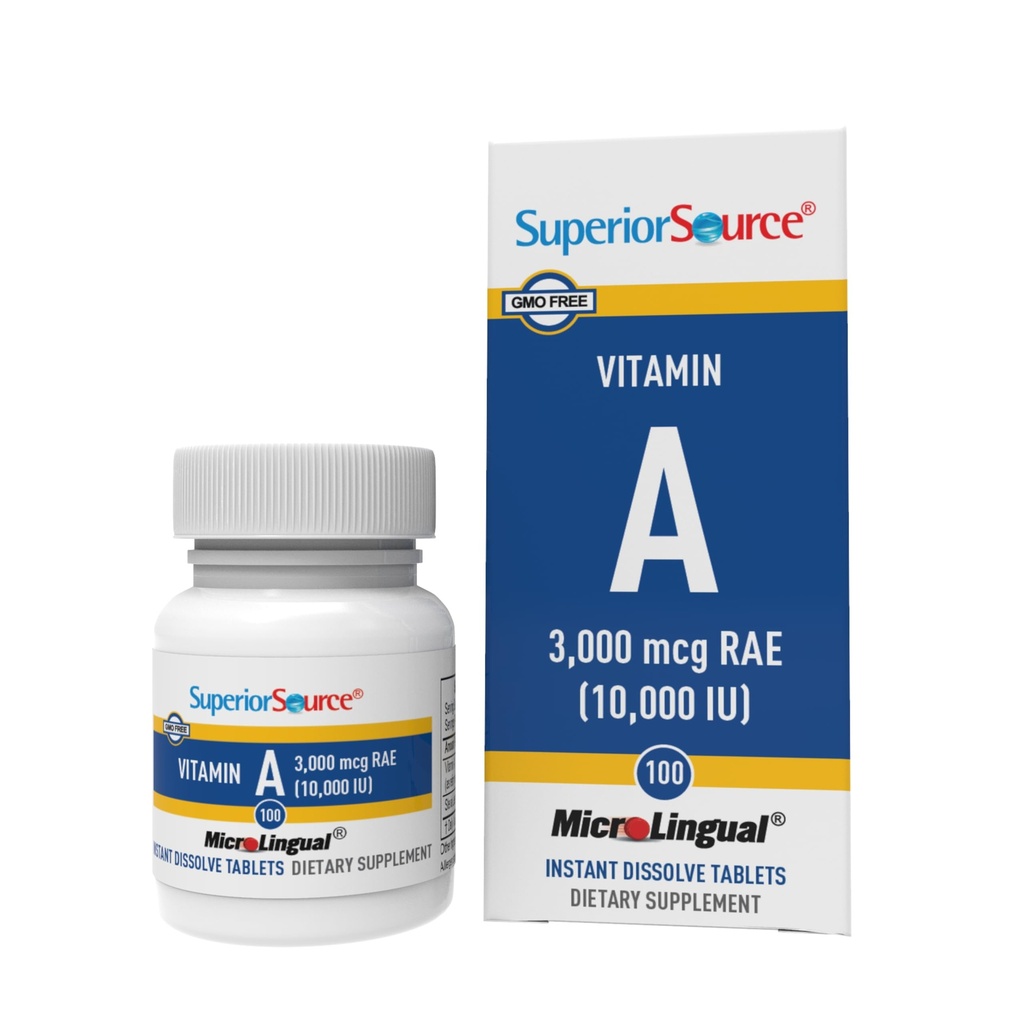 Fuente superior Vitamina A 10,000 UI - Complemento de Cuidado de los Ojos - También apoya la salud de los huesos, la piel - libre de gluten - 100 tabletas microLinguales