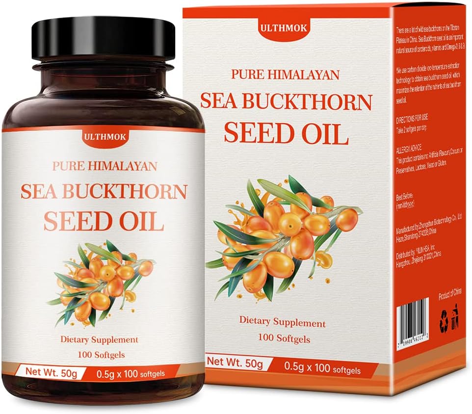 ULTHMOK Premium Sea Buckthorn Seed Oil,100% Seed Oil,100 Softgels &amp; 100×500mg,No-GMO,Gluten Free.