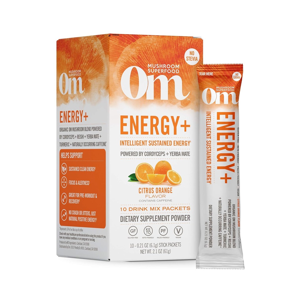 OM MUSHROOM SUPERFOOD Energy Plus Mushroom Powder Drink Mix, Citrus Orange, Single Serve, 10 Count, Mushroom Blend, Cordyceps, Yerba Mate, Tumeric, Vitamina B Complex, Pre-Workout, Immune Supplement