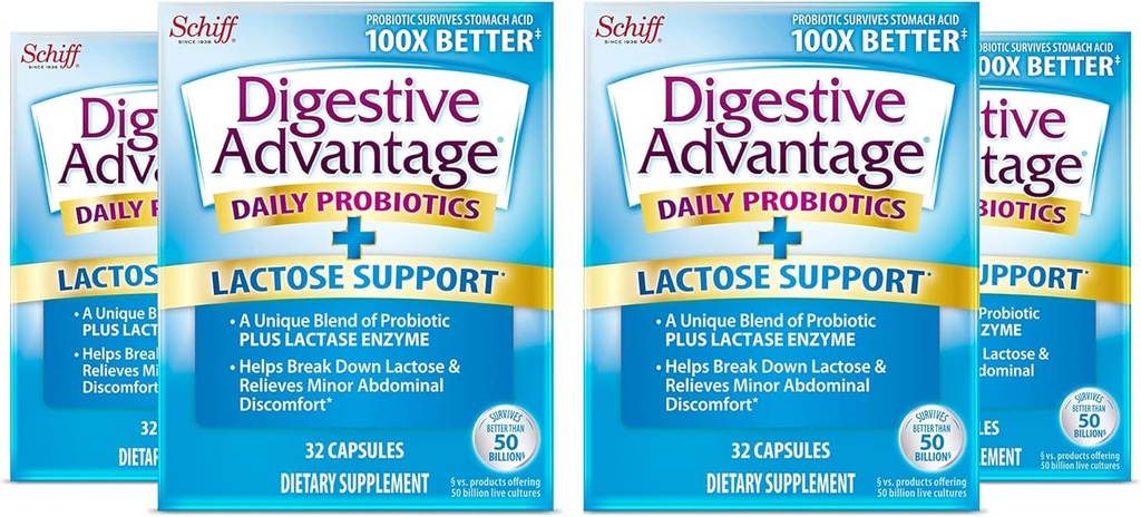 Digestive Advantage Lactose Defense - Descompone lactosa para defender contra el malestar digestivo, 32 cápsulas (Pack of 4)